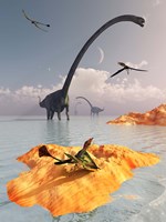 Sauropod Omeisaurs and Flying Eudimorphodons Fine Art Print
