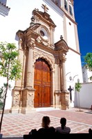 Silhouette of Women Talking in Front of Cathedral, Marbella, Spain Fine Art Print