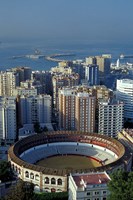 View of Plaza de Toros and Cruise Ship in Harbor, Malaga, Spain Fine Art Print