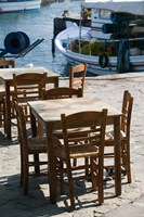 Waterfront Cafe Tables, Skala Sykaminia, Lesvos, Mithymna, Northeastern Aegean Islands, Greece Fine Art Print
