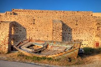 Old fishing boat on dry land, Oia, Santorini, Greece Fine Art Print