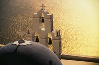 Seaside church tower with bell, Santorini, Greece Fine Art Print