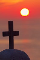 Christian cross, sunset, Mykonos, Greece Fine Art Print