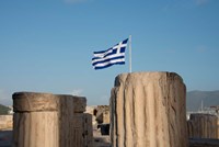 Greece, Athens, Acropolis Column ruins and Greek Flag Fine Art Print