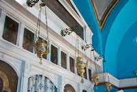 Greece, Cyclades, Mykonos, Hora Wall icons and oil lamps of a church Fine Art Print