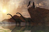 Diplodocus Dinosaurs and Pterodactyl Birds Greet the Early Morning Mist Fine Art Print