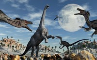 A Lone Camarasaurus Dinosaur is Confronted by a Pack of Velociraptors Fine Art Print