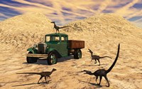 Velociraptors React Curiously to a 1930's American Pickup Truck Framed Print