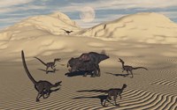 Velociraptors Encircling a  Protoceratops Fine Art Print