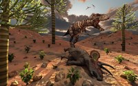 A T-Rex comes across the Carcass of a Dead Triceratops Fine Art Print