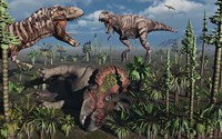Two T Rex dinosaurs confront each other over a dead Triceratops Fine Art Print