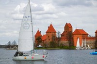 Sailboat with Island Castle by Lake Galve, Trakai, Lithuania Fine Art Print