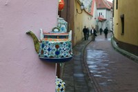 Wall Decorated with Teapot and Cobbled Street in the Old Town, Vilnius, Lithuania II Fine Art Print