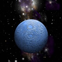Artist's depiction of a cratered moon in space with a Nebula in the background Fine Art Print