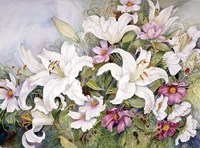 White Lilies And Mixed Colored Cosmos Fine Art Print