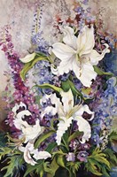 White Oriental Lilies & Pink And Purple Delphinium Fine Art Print