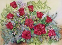 Red Roses With Evergreens Fine Art Print