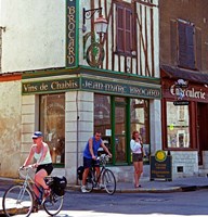 Wine Shop and Cycling Tourists, Chablis, France Fine Art Print