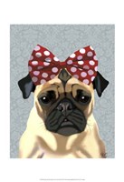 Pug with Red Spotty Bow On Head Framed Print