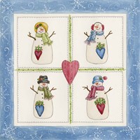Four Snowmen With Heart Pockets Fine Art Print