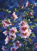 Hollyhocks And Hummingbirds Fine Art Print
