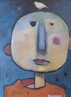 Man In Orange Shirt With Bird Fine Art Print