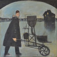 Man Walking Machine On Beach 2 Fine Art Print