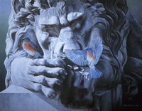 Bluebirds Landing On Lion Fine Art Print