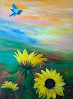 BlueBird Flying Over Sunflowers Fine Art Print
