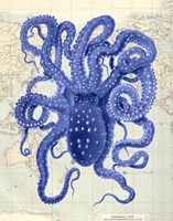 Blue Octopus 2 on Nautical Map Fine Art Print