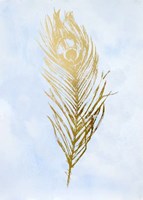 Gold Foil Feather II on Blue - Metallic Foil Fine Art Print