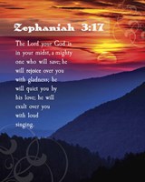 Zephaniah 3:17 The Lord Your God ( Mountains with Motif) Fine Art Print