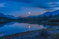 Crescent moon over Middle Lake in Bow Valley, Alberta, Canada Fine Art Print