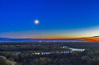 Moon with Antares, Mars and Saturn over Bow River in Alberta, Canada Fine Art Print