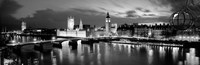 Buildings lit up at dusk, Big Ben, Houses Of Parliament, London, England BW Fine Art Print