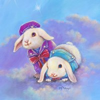 Two Lop Eared Bunnies Mouse and Two Bunnies in Clouds I Fine Art Print