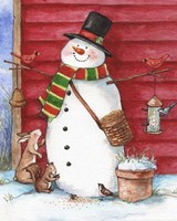 Red Barn Snowman with Friends Fine Art Print