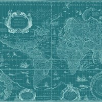 Blueprint World Map, teal Fine Art Print