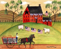 Primitive Americana Sheep with Horse and Wagon Fine Art Print