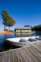 Skiff and boathouse at Oliver Lodge on Lake Winnipesauke, Meredith, New Hampshire Fine Art Print