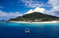 Boat Approaching Castaway Island Resort, Mamanuca Islands, Fiji Fine Art Print