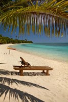 Beach, palm trees and lounger, Plantation Island Resort, Fiji Fine Art Print