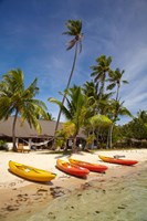 Kayak on the beach, and waterfront bure, Mamanuca Islands, Fiji Fine Art Print