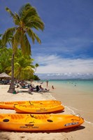 Kayaks and beach, Shangri-La Fijian Resort, Yanuca Island, Coral Coast, Viti Levu, Fiji Fine Art Print