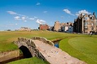 Golfing the Swilcan Bridge on the 18th Hole, St Andrews Golf Course, Scotland Fine Art Print