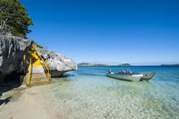 Little motorboats anchoring before the Sawa-I-Lau Caves, Yasawa, Fiji, South Pacific Fine Art Print