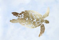 Gold Foil Sea Turtle I on Blue Wash Fine Art Print