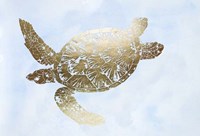 Gold Foil Sea Turtle II on Blue Wash Fine Art Print