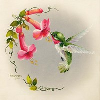Hummingbirds With Trumpet Flowers 1 Fine Art Print