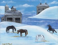Horses In Snow By River Folk Art Fine Art Print